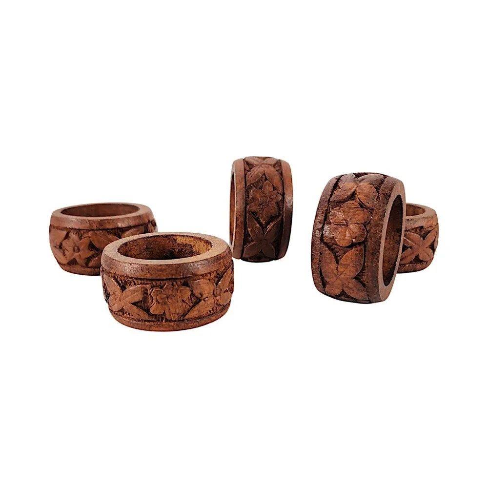Hand Carved Dark Wood Napkin Holders Rings, Set of 5